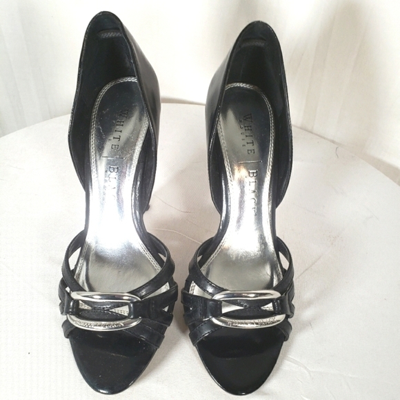 White House Black Market Black Leather Open Toe 3 Inch Heels Sz 6 - Picture 2 of 9